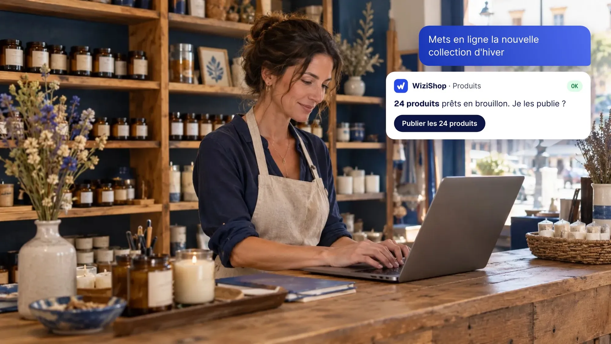 Une commerçante demande à son assistant IA de mettre en ligne sa collection d'hiver, et WiziShop prépare les 24 produits en brouillon