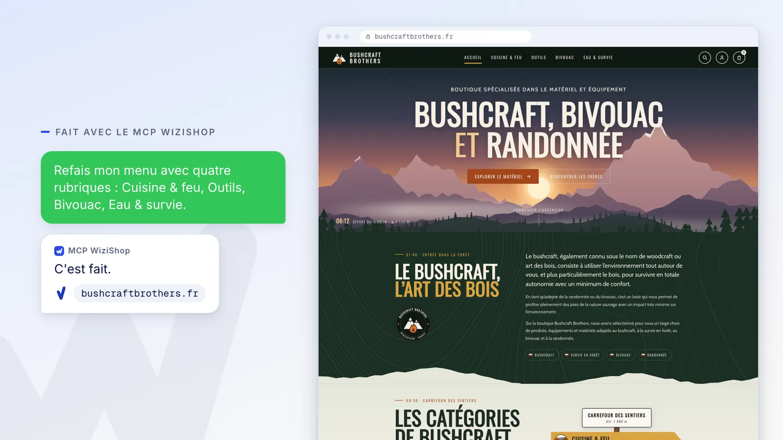 Bushcraft Brothers : « Refais mon menu avec quatre rubriques : Cuisine et feu, Outils, Bivouac, Eau et survie. »