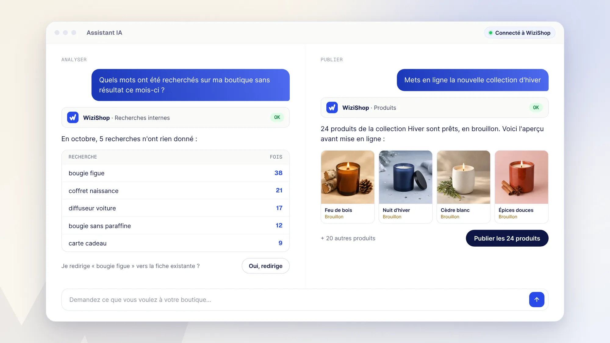 Un assistant IA connecté à WiziShop liste les recherches sans résultat de la boutique et prépare la mise en ligne d'une collection de bougies en brouillon