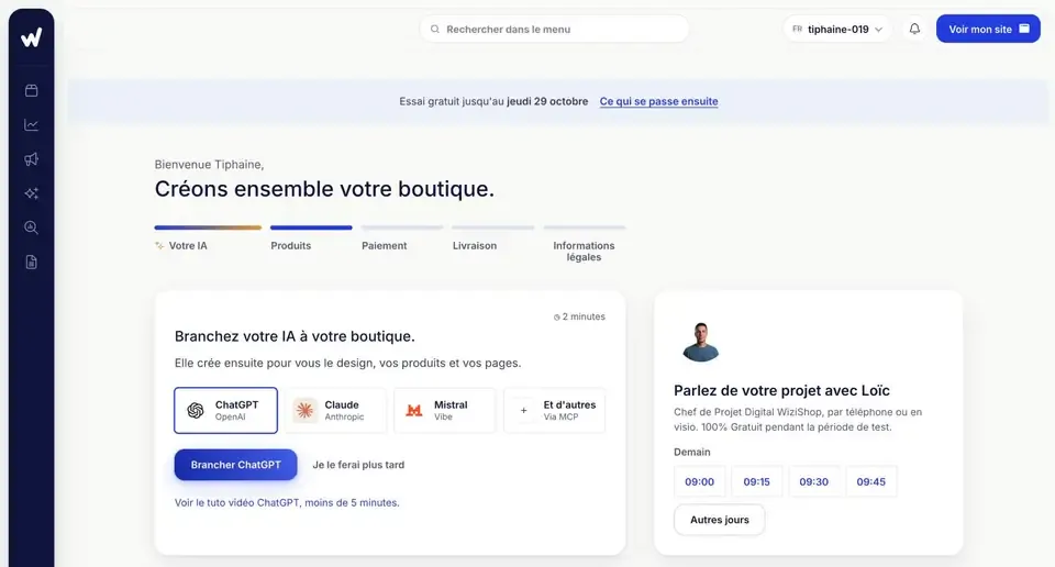 La page d'accueil guidée : les étapes de lancement, la connexion de votre IA et l'échange avec un Chef de Projet Digital
