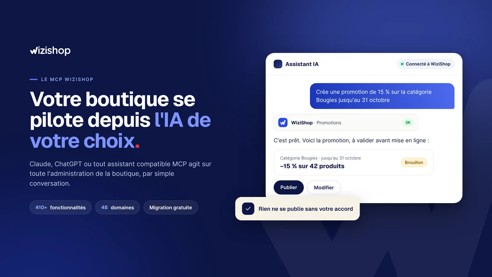 Votre boutique se pilote depuis l'IA de votre choix : une demande, une réponse de WiziShop, une promotion prête à valider