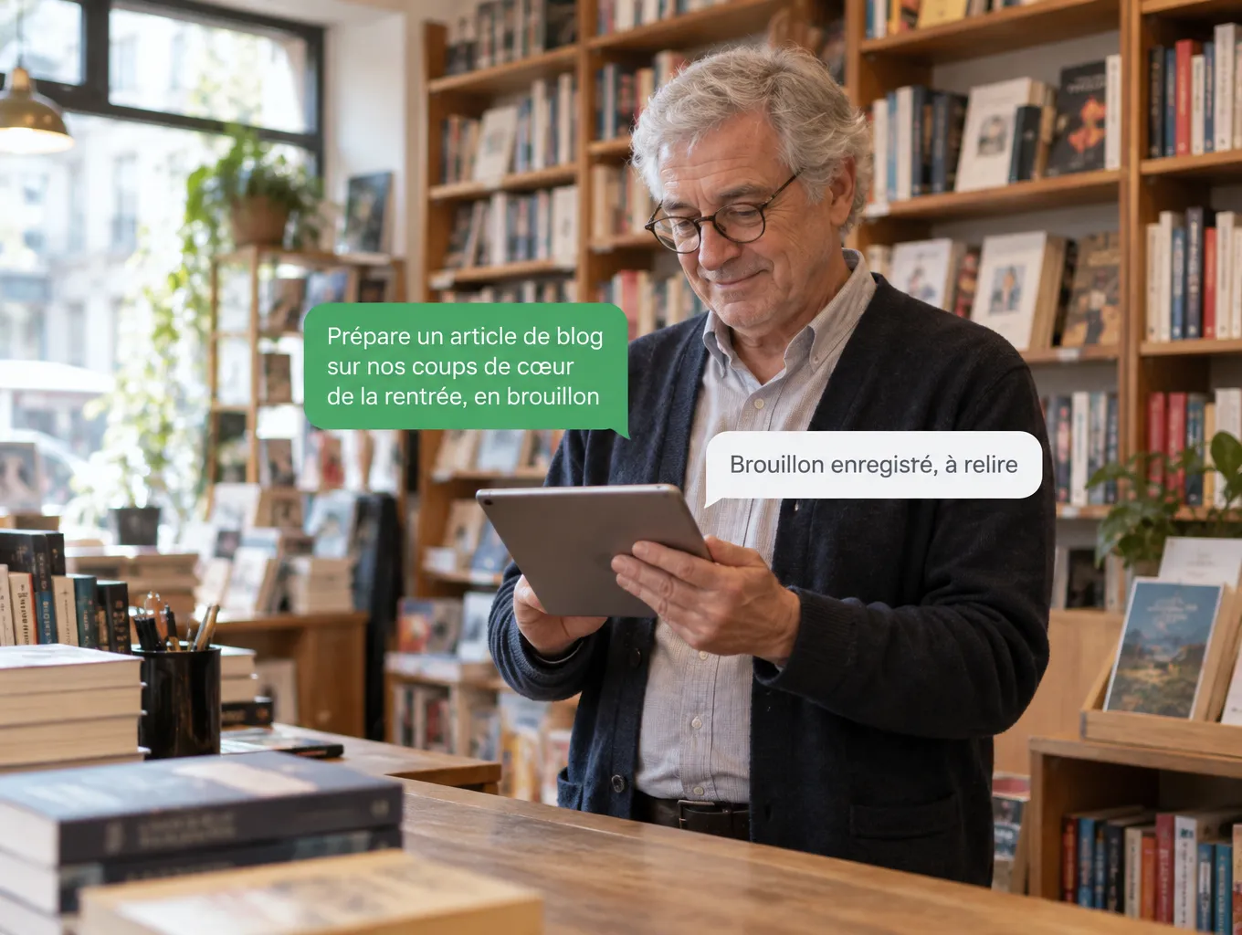 Un libraire demande sur sa tablette un article de blog sur ses coups de cœur de la rentrée : brouillon enregistré, à relire