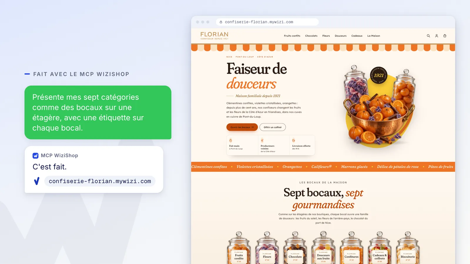 Confiserie Florian : « Présente mes sept catégories comme des bocaux sur une étagère, avec une étiquette sur chaque bocal. »