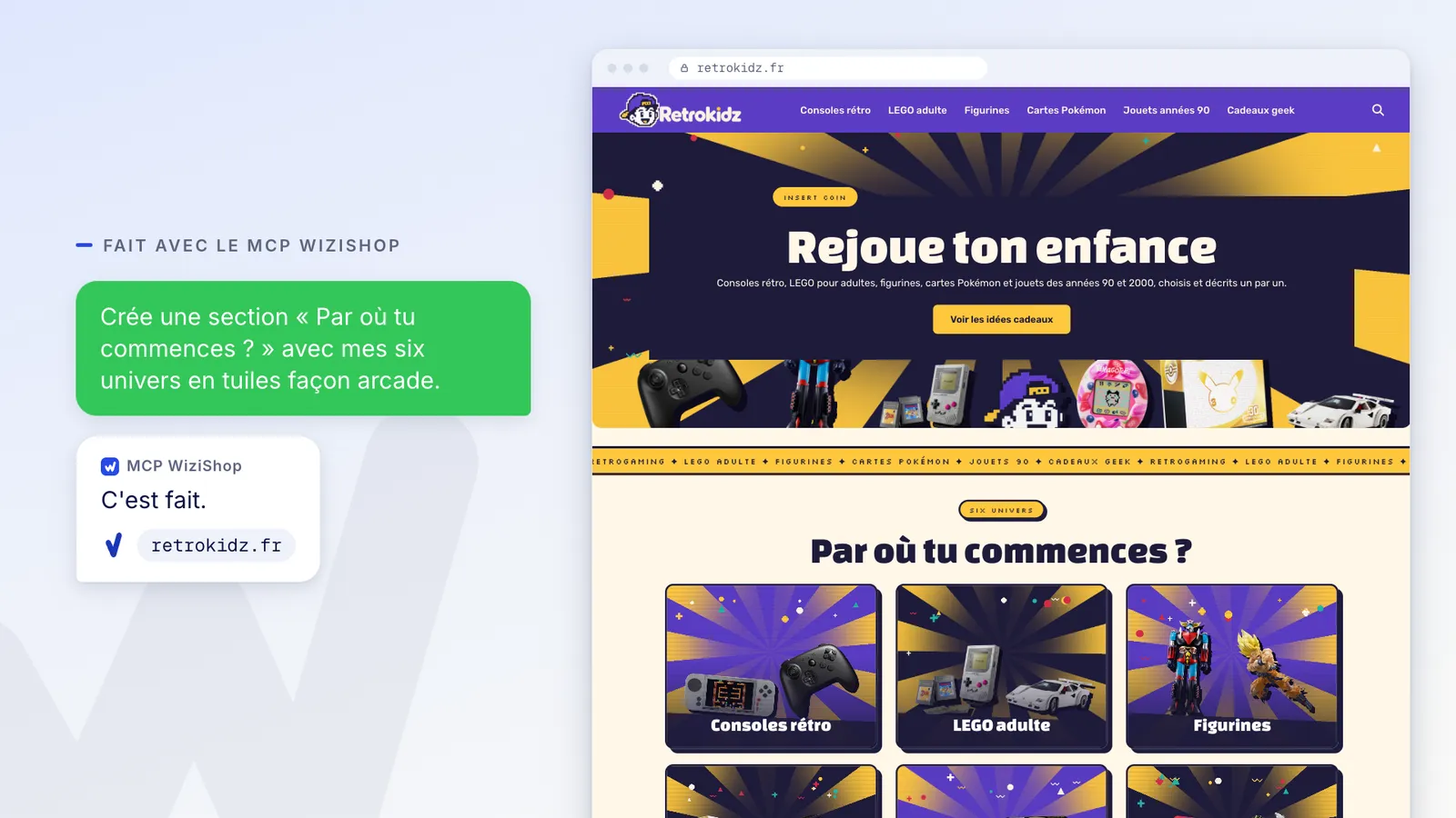 Retrokidz : « Crée une section Par où tu commences ? avec mes six univers en tuiles façon arcade. »