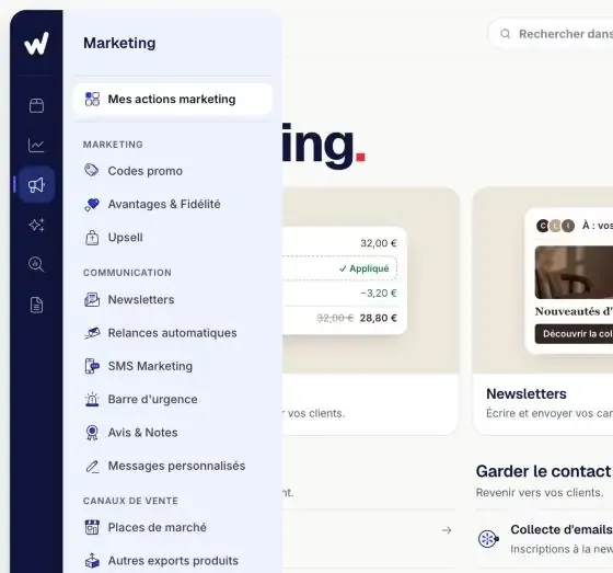 Le menu latéral ouvert sur la rubrique Marketing : codes promo, fidélité, newsletters, relances, places de marché