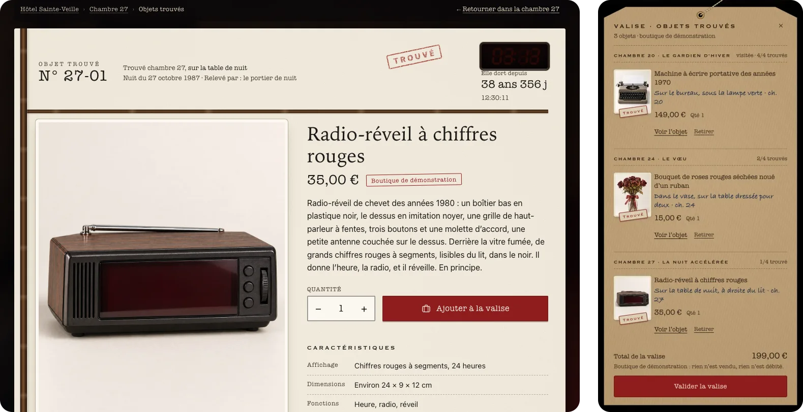 La fiche produit du radio-réveil de la chambre 27 et la valise de la bagagerie, première étape du panier